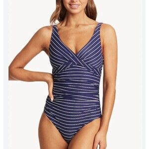 Sea Level Swim Shoreline Cross Front One Piece Swimsuit Navy White Stripe Sz 4